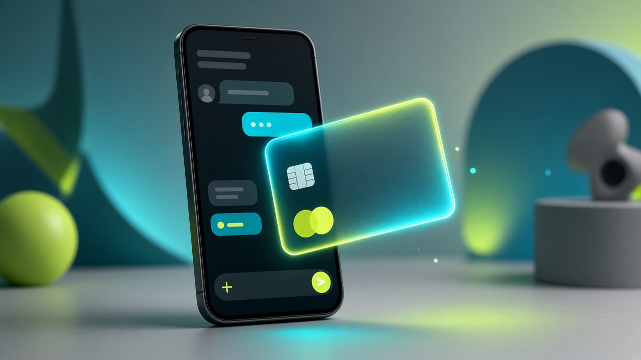 Смартфон с интерфейсом мессенджера и неоновой виртуальной картой